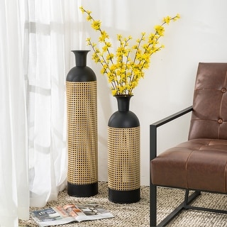 Glitzhome Set of 2 Boho Decorative Gold/Black Two-tone Table Floor Metal Vases