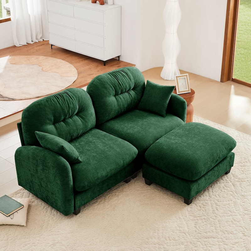 2 Seat Chenille Sofa Round Arms Sectional Sofa, Modern 74" Tufted Back Couch with Ottoman for Lving Room, Small Space - Green-1 Ottoman