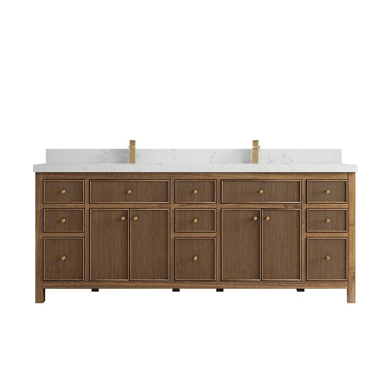 Willow Collections 84 in. W x 22 in. D Sonoma Teak Double Sink Bathroom Vanity with Countertop - 2" Empira White - Dark Natural