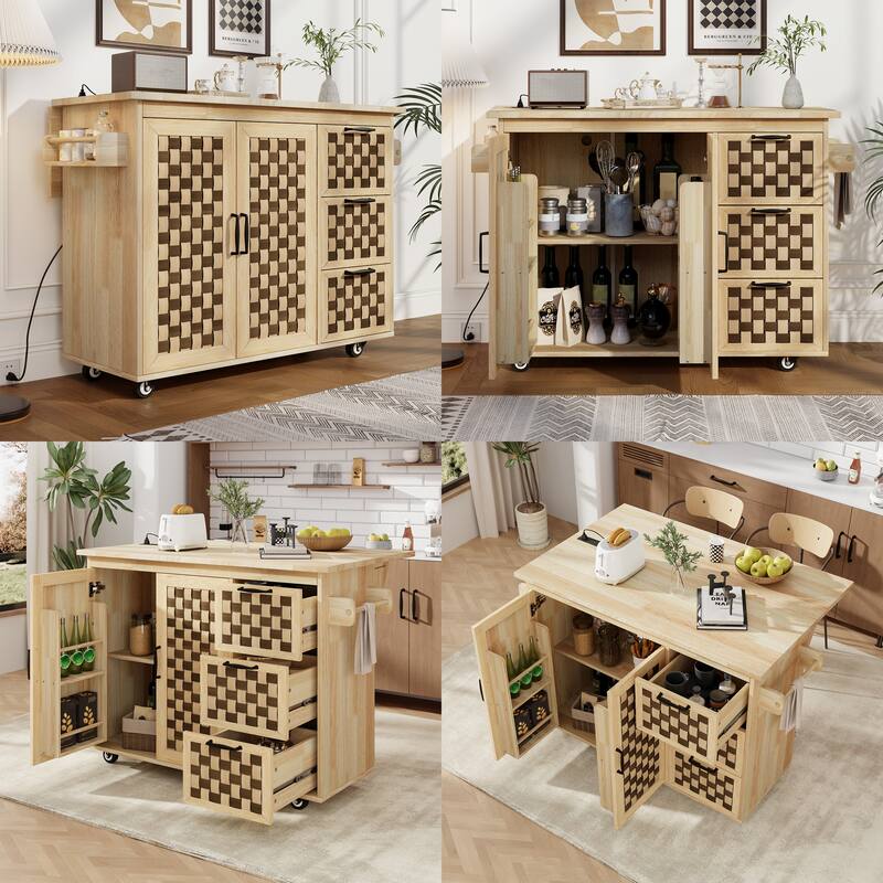 Modern Woven Checkerboard Kitchen Island with Folding Panel, Interior Storage Shelves, 3 Drawers and 2 Cabinets, for Kitchen