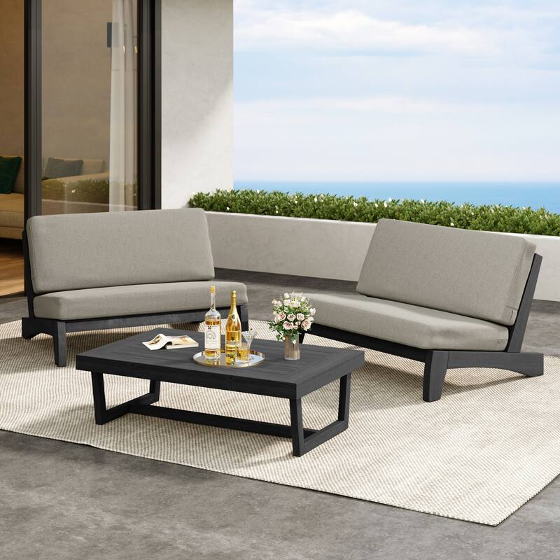 Outdoor 3-Piece Armless Lovesaet Sofa Conversation Set with Table - Separate Cushion - Light Camel/Black