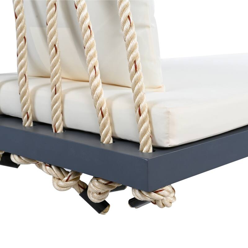 Acacia Wood Swing Chair, Hanging Porch Bench with Cushion & Pillows, 400lb Capacity & 10.8ft Ropes