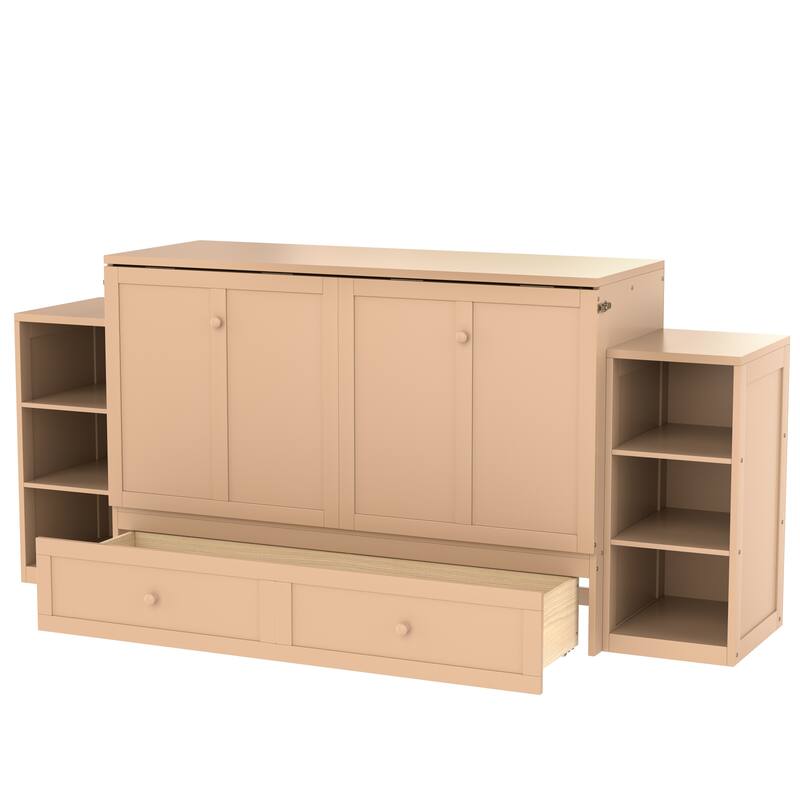 Roomfitters Murphy Bed with Storage Drawers and Shelves, Solid Wood Wall Bed Cabinet