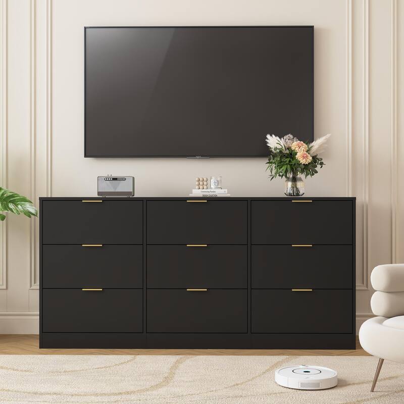 63" Long Dresser for Bedroom, Wooden Dresser Chest of 9 Drawers Storage Cabinet for Living Room Entryway