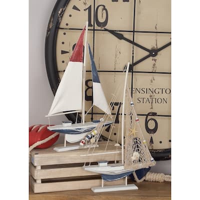 White Wood Handmade Sail Boat Decorative Sculpture (Set of 2)