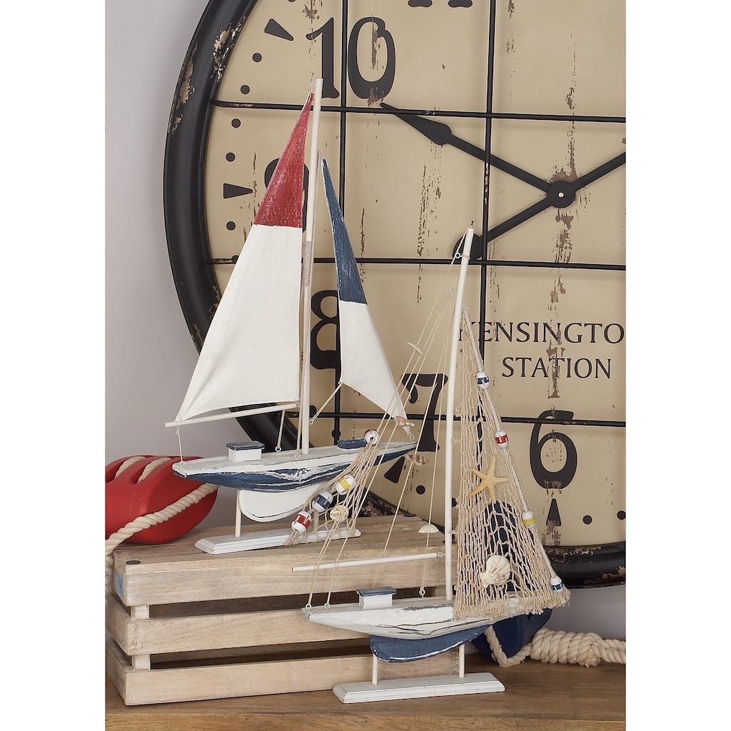 White Wood Handmade Sail Boat Decorative Sculpture (Set of 2)