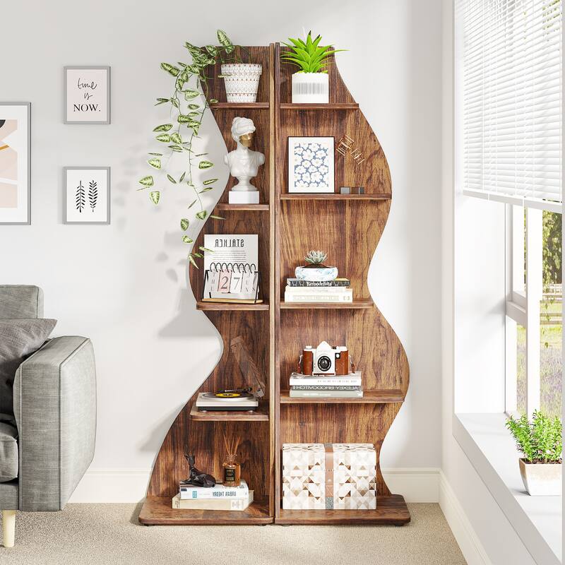 Modern Wood Corner Shelf, 5-Tier Bookshelf Bookcase for Living Room