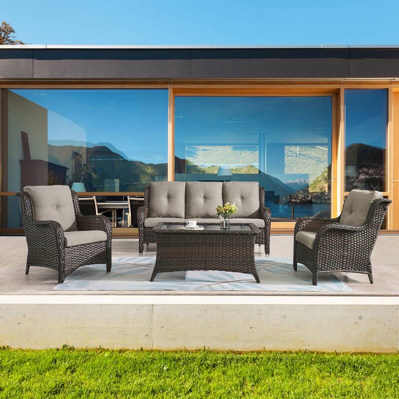Gymojoy Outdoor 3-Seat Sofa Pario Chair Coffee Table with Cushion - Grey - Brown