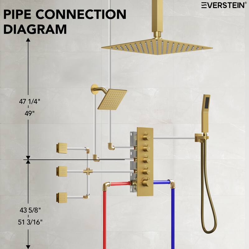 Dual Heads 16" Rainfall & High Pressure 6" Shower Head 3 Way Thermostatic Faucet System w/ 3 Body Jets