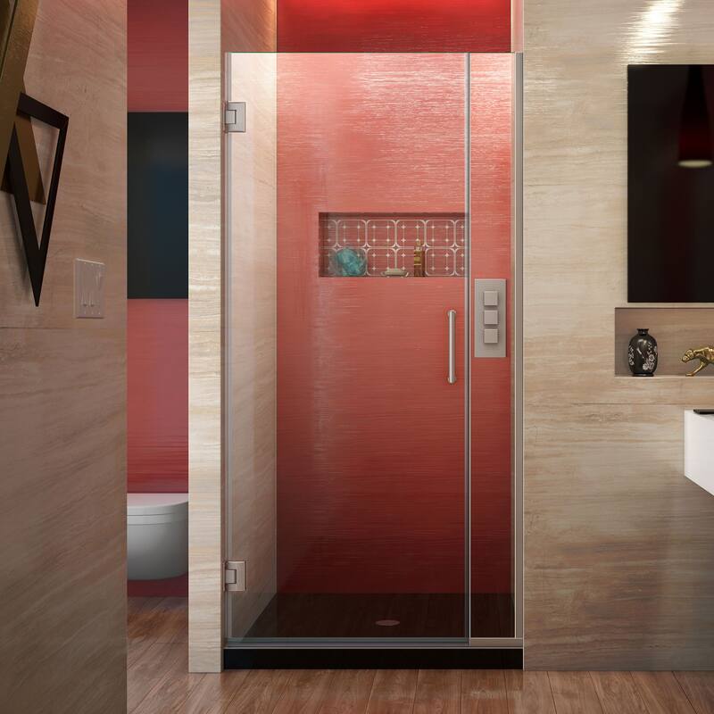 DreamLine Unidoor Plus 29-30 in. W x 72 in. H Frameless Hinged Shower Door, Clear Glass - Brushed Nickel Finish - 30" W x 72" H