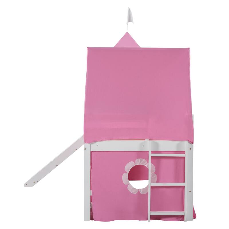 Cute Solid Wood House Loft Bed with Slide, Tent, and Tower for Kids