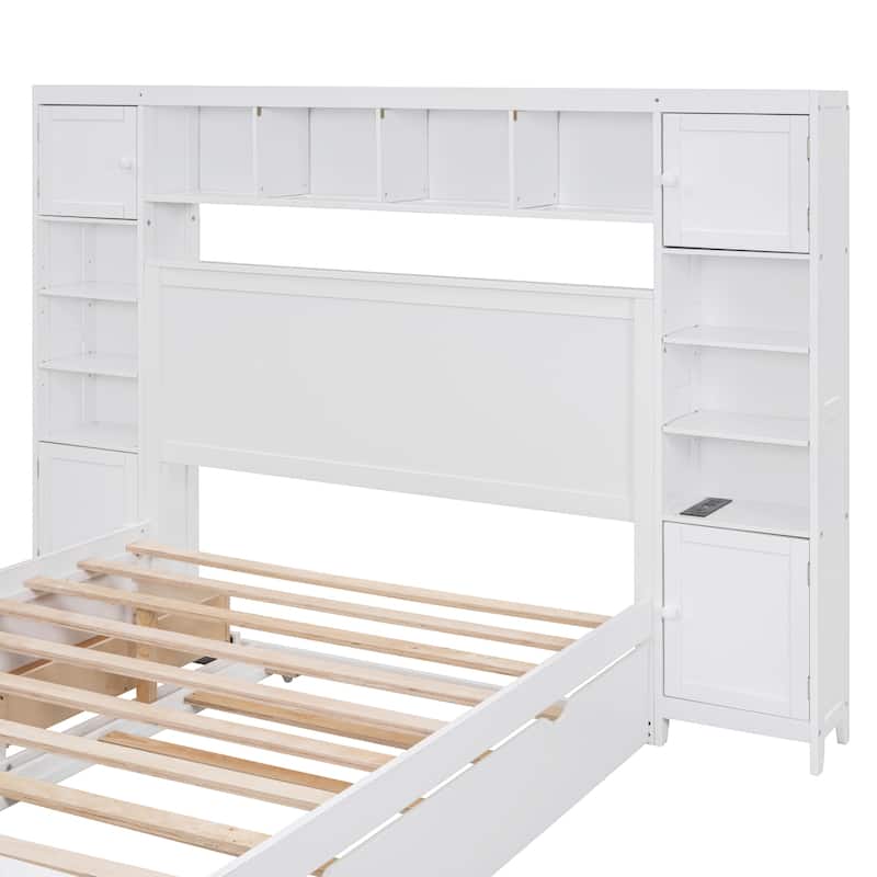 Full Size Wooden Bed with Built-in Cabinet, Shelf, Outlets, and Trundle in White