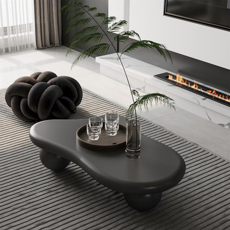 Modern Minimalist Cloud Coffee Table with Wood Legs for Bedrooms, Living Rooms and Lounges - Black Top+Black Ball Legs - 47.2"W x 31.5"D x 15.7"H