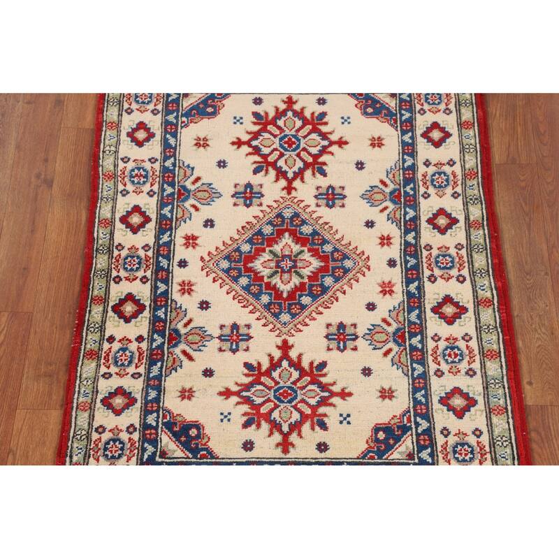 Beige / Ivory Geometric Kazak Accent Rug Hand-Knotted Wool Carpet - 2'9" x 3'10"