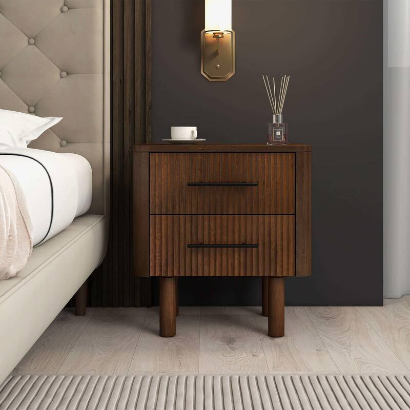 GDFStudio - Logan Mid-Century Modern Walnut Nightstand with Solid Wood Frame & 2 Storage Drawers