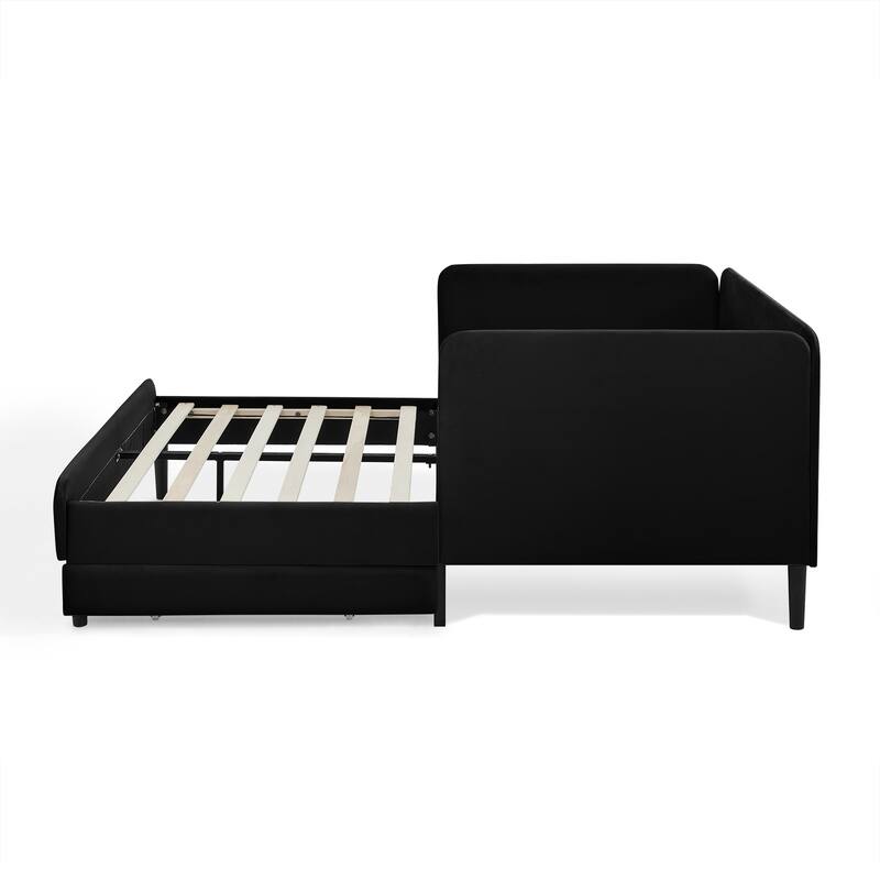 Roomfitters Twin/Full Upholstered Platform Bed with Side Backrest and Underbed Storage Trundle