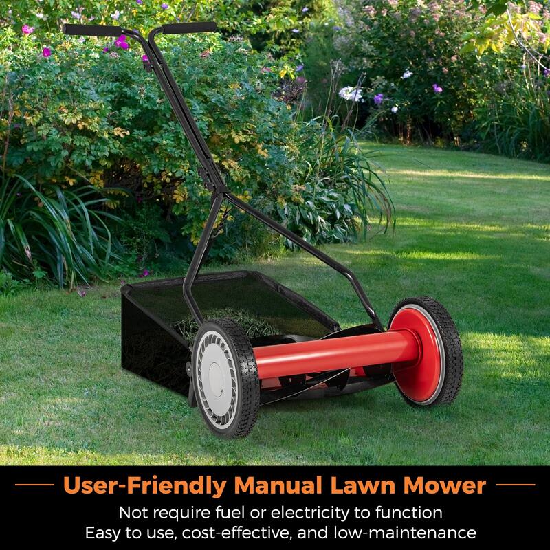 Gymax 14'' Manual Reel Mower w/ 5-Blade 6.6 Gallon Removable Grass