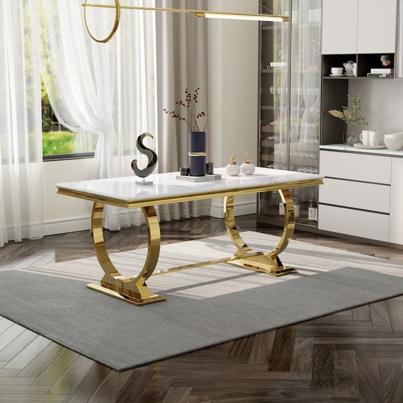 White and Gold Dining Room Table Set with 72 inch Table and White PU Leather Dining Chairs