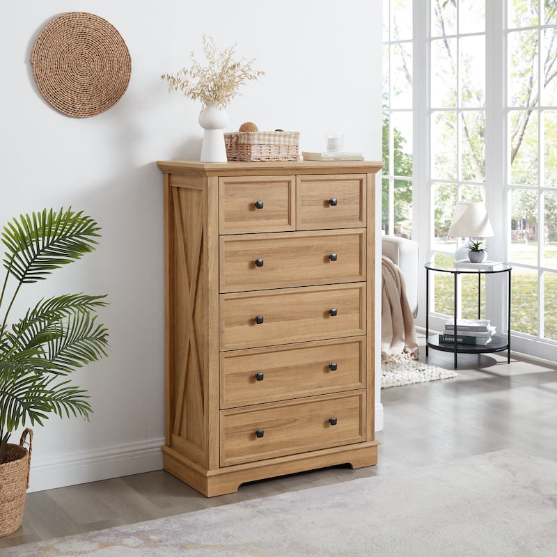 Oak 6 Drawer Dresser, Tall Chest of Drawers with Modern Metal Handles - Oak - 6-drawer