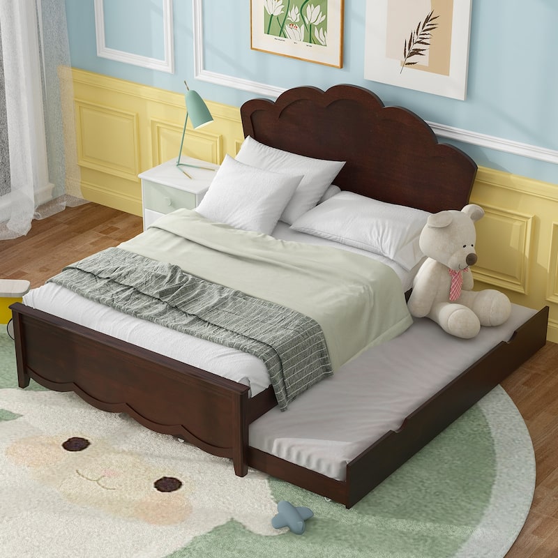 Full Size Modern Wood Platform Bed with Headboard and Twin Size Trundle for Bedroom