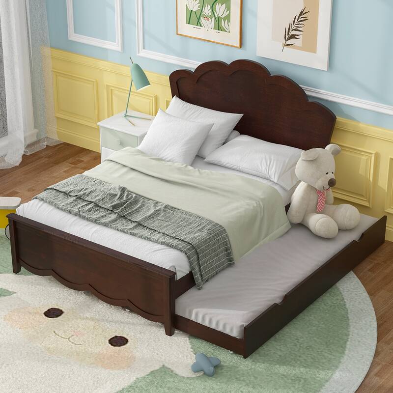 Single Bed Wood Platform Bed with Wave Shape Headboard and Footboard, Twin Size Trundle Bed Underneath No Box Spring Needed