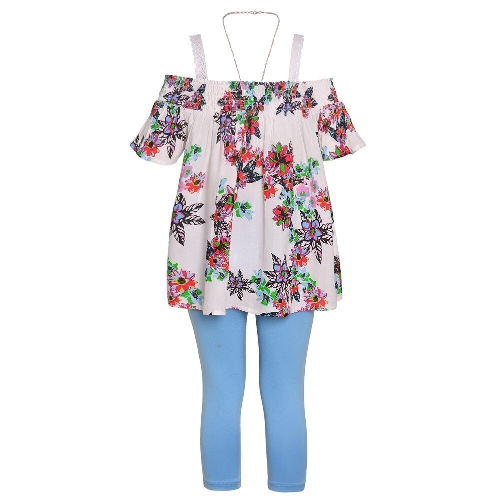 Shop Girls Blue Off Shoulder Floral Print Top 2 Pc Casual Legging