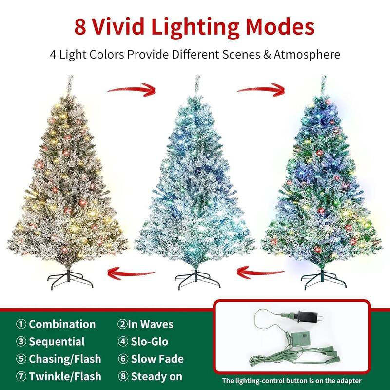6.5Ft Snow Flocked Pre-Lit Xmas Christmas Tree with Multi-Color Lights - 6.5 ft