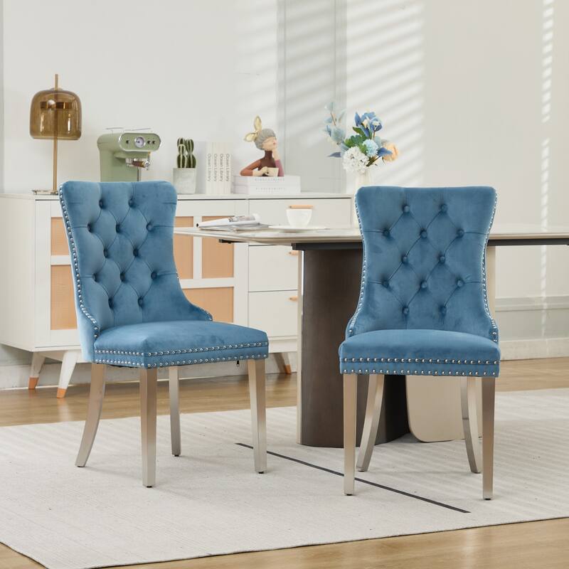 High-end Tufted Solid Wood Contemporary Velvet Upholstered Dining Chair with Chrome Stainless Steel Plating Legs,Set of 2 - Light Blue