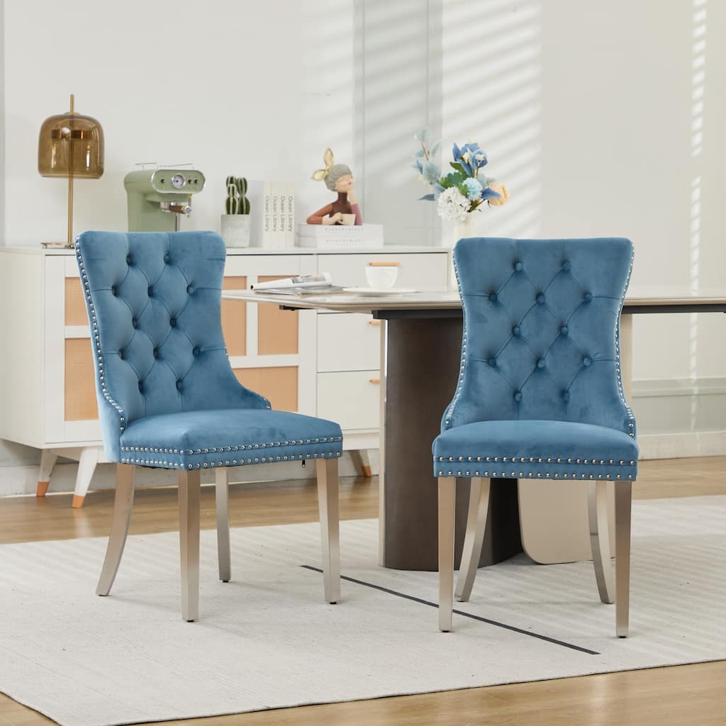 High-end Tufted Solid Wood Contemporary Velvet Upholstered Dining Chair with Chrome Stainless Steel Plating Legs,Set of 2
