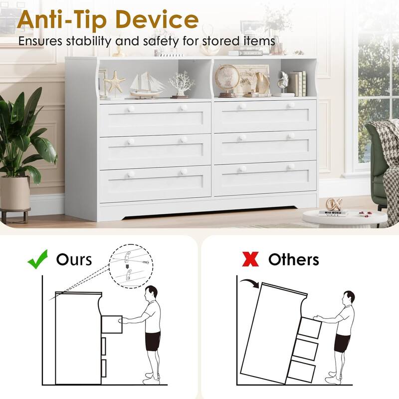6 Drawer Dresser for Bedroom with Power Outlet and LED Light