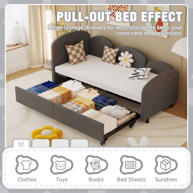 Roomfitters Velvet Upholstered Twin Daybed with Pull-Out Trundle, Modern Sofa Bed Frame for Bedroom or Living Room