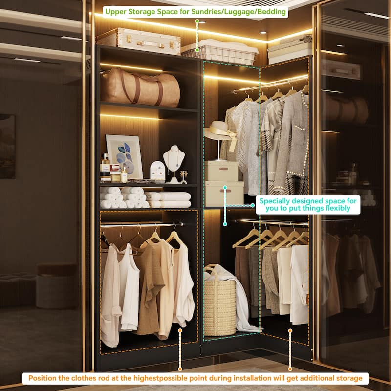 Cimly Set of 2 Corner Closet System, Freestanding Closet Organizer with Hanging Rods for Walk-in Closet