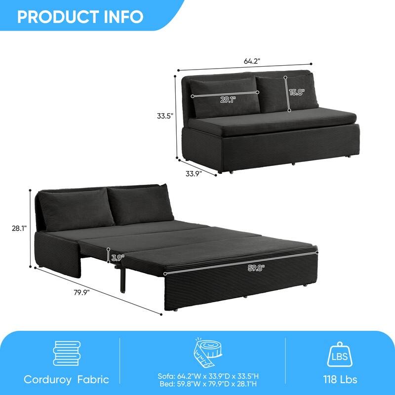 Mixoy Corduroy Fabric Queen Size/Twin Size Sofa Bed, 2-in-1 Modern Pull Out Sleeper Sofa Bed