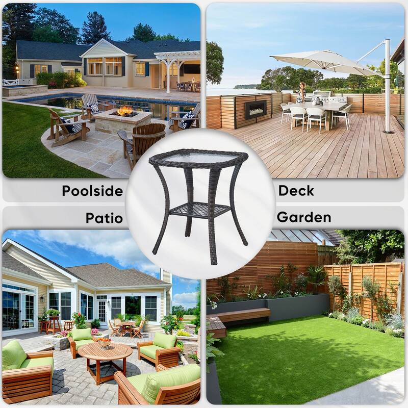 Patio Rattan Wicker Coffee Table with Tempered Glass Top