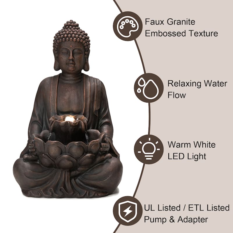 Glitzhome Meditating Buddha Patio Floor Fountain with Lotus and LED