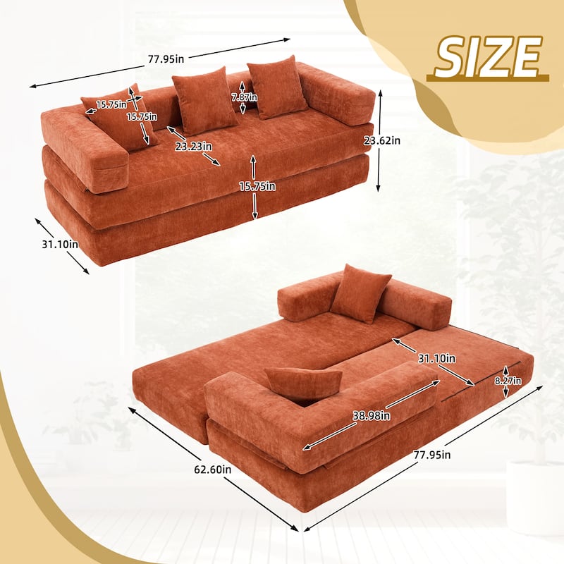 HOMEFUN Chenille Upholstered Convertible Foldable Memory Foam Sleeper Sofa with Pillows for Living Room