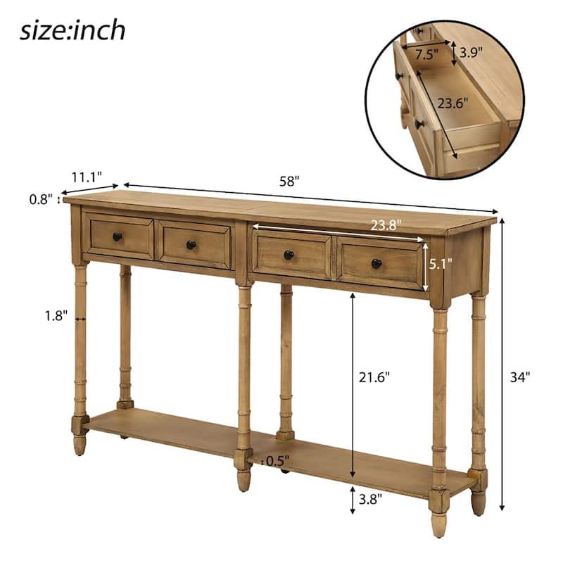 Solid Wooden Console Sofa Table, With 2 Drawers, Bottom Storage Shelves, Easy Assembly, Farmhouse Console Sofa Table