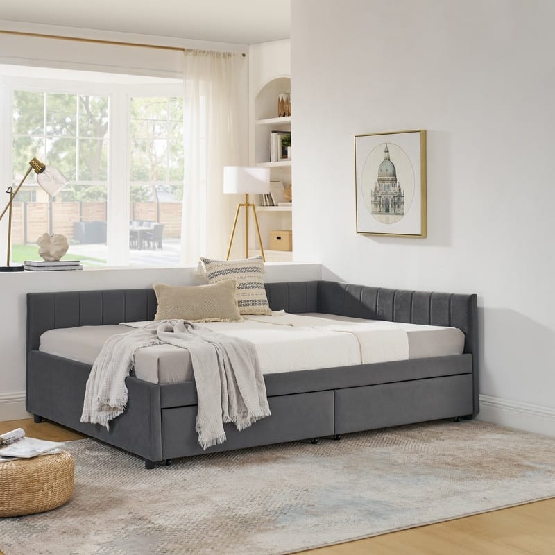 Full Size Velvet Upholstered Tufted Daybed with 2 Drawers, Backrest and Armrests
