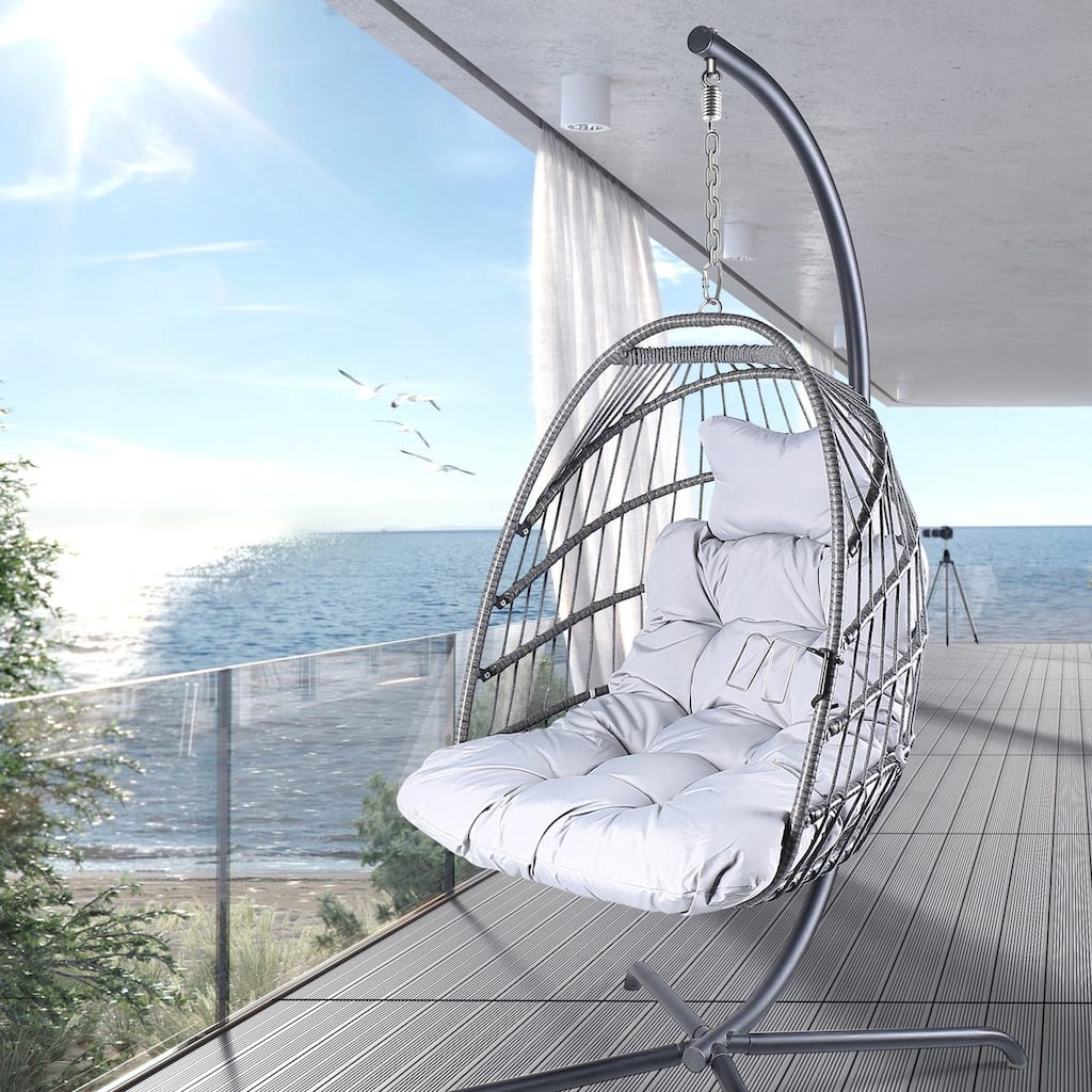 42 in. W x 38 in. D x 78 in. H 1-Person Metal Patio Basket Hanging Swing with Grey Cushions