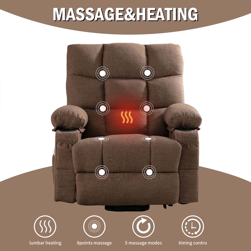Linen Power Lift Recliner Chair with Massage and Heat, Side Pockets, USB Charge Ports