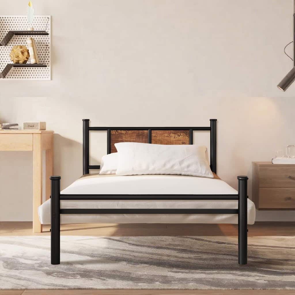 Twin Size Bed Frame with Wood Headboard, Metal Slats Support, No Box Spring Needed, Easy Assembly