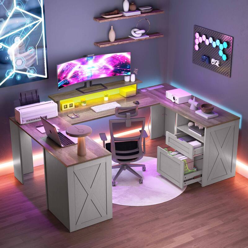 Moasis Farmhouse U-Shaped Desk with LED Lights & Power Outlet
