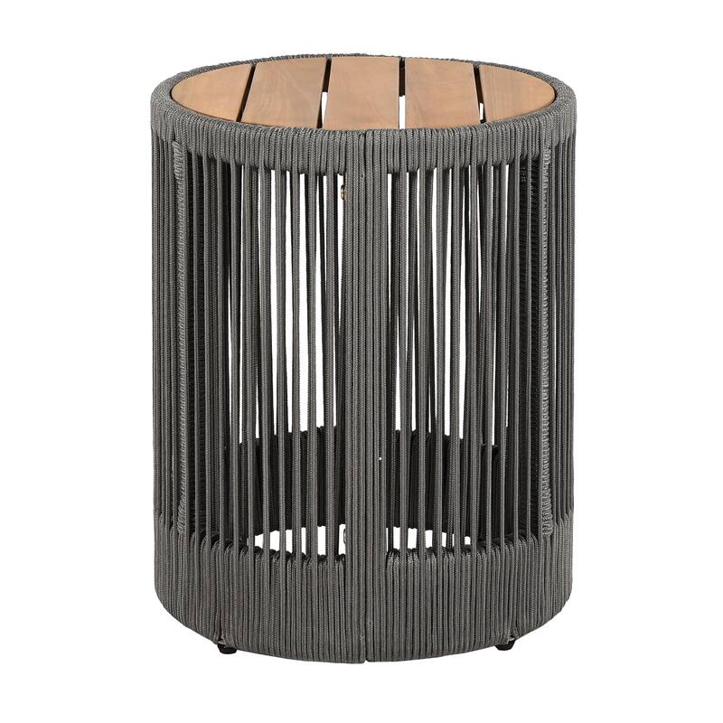 Roomfitters Round Outdoor Side Table, Acacia Wood and Rattan Rope Accent Table for Patio and Balcony