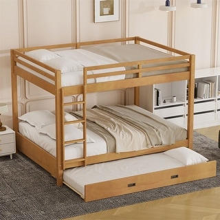 Queen Over Queen Size Bunk Bed with Trundle, Ladder and Guardrail, Wooden Bunk Bedframe with Wood Slats Support for Kids