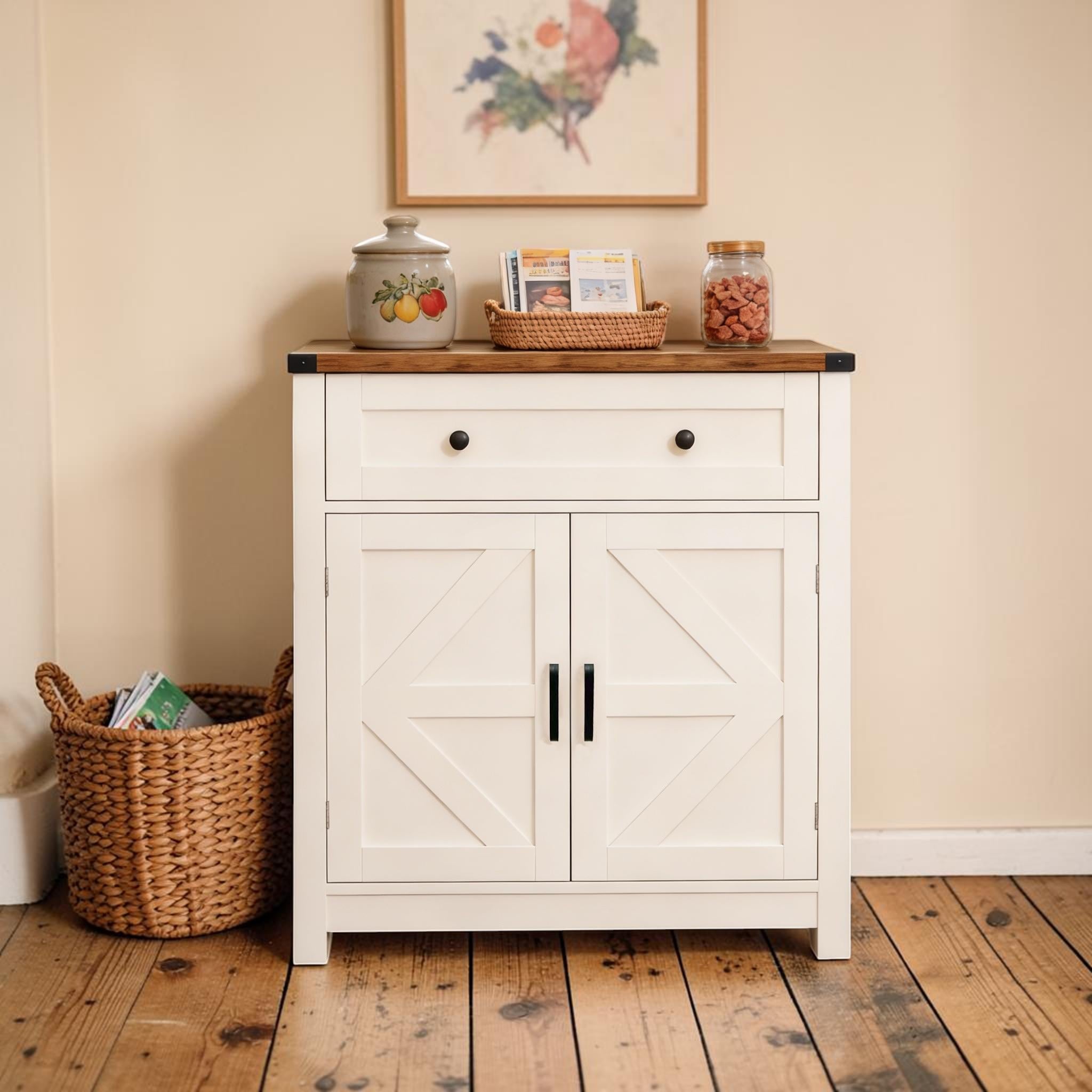 Farmhouse Barn Door Storage Cabinet with Drawer, Coffee Bar Buffet Sideboard with 2 Doors and Storage