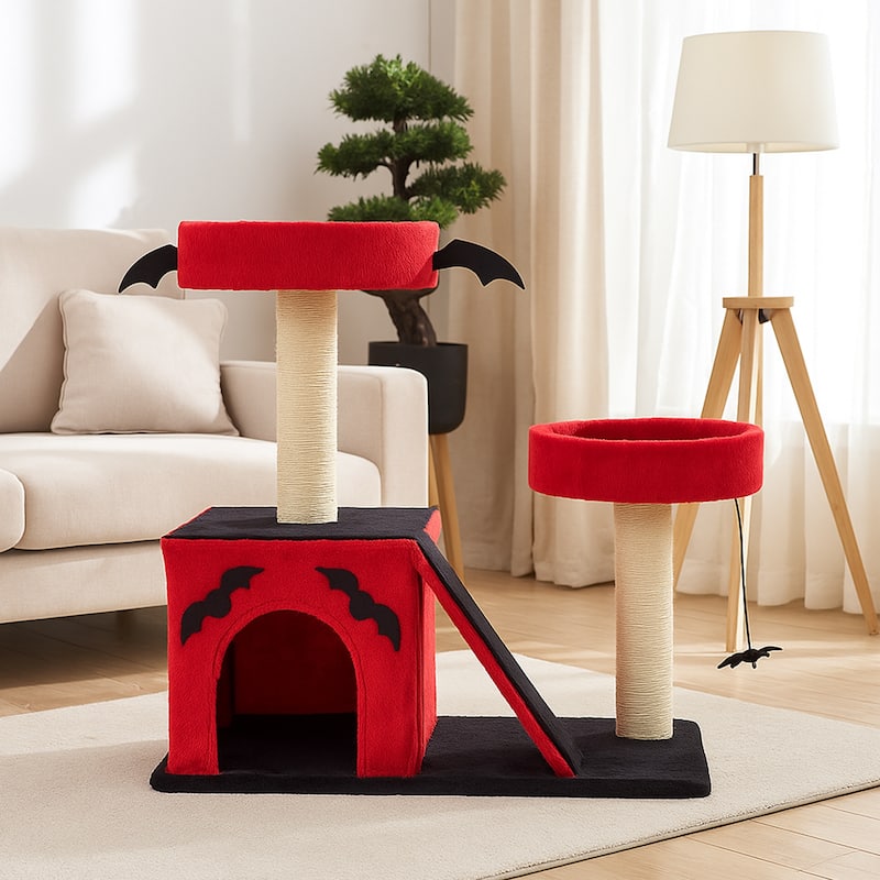 26" Gothic Cat Tree with Condo, Perches, Scratching Posts & Toy