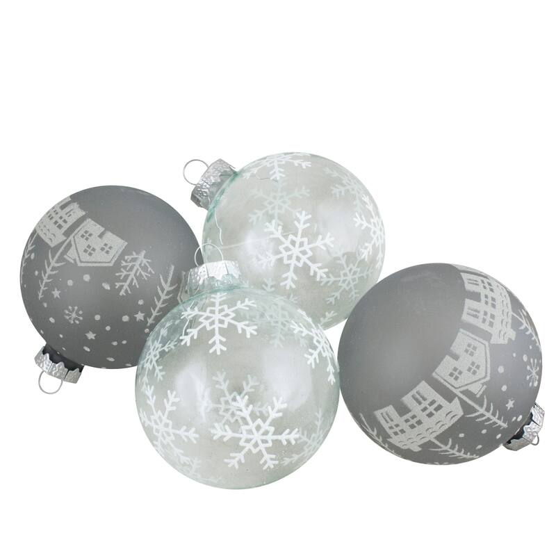 4 ct Gray Clear Glass Ball Hanging Christmas Ornaments 3.25-Inch