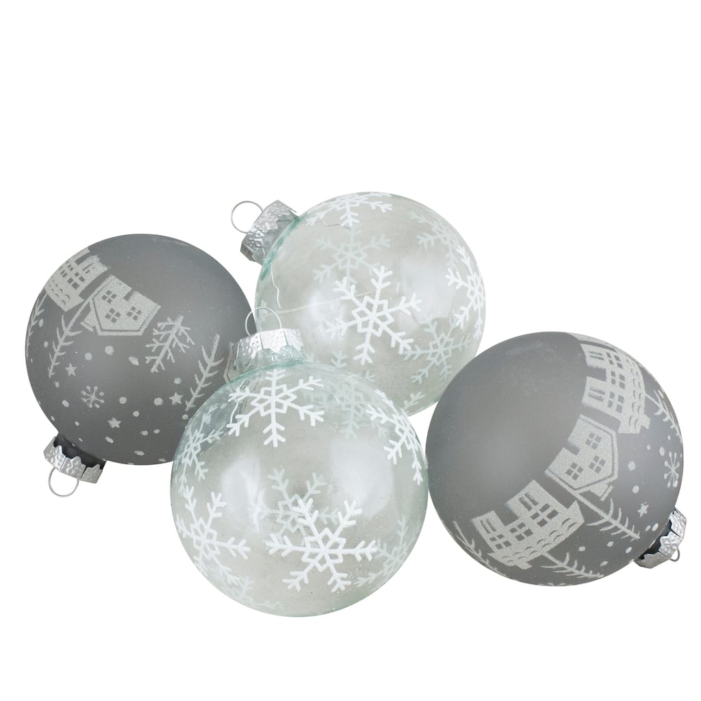 4 ct Gray and Clear Glass Ball Hanging Christmas Ornaments 3.25-Inch (80mm) - 3.25"