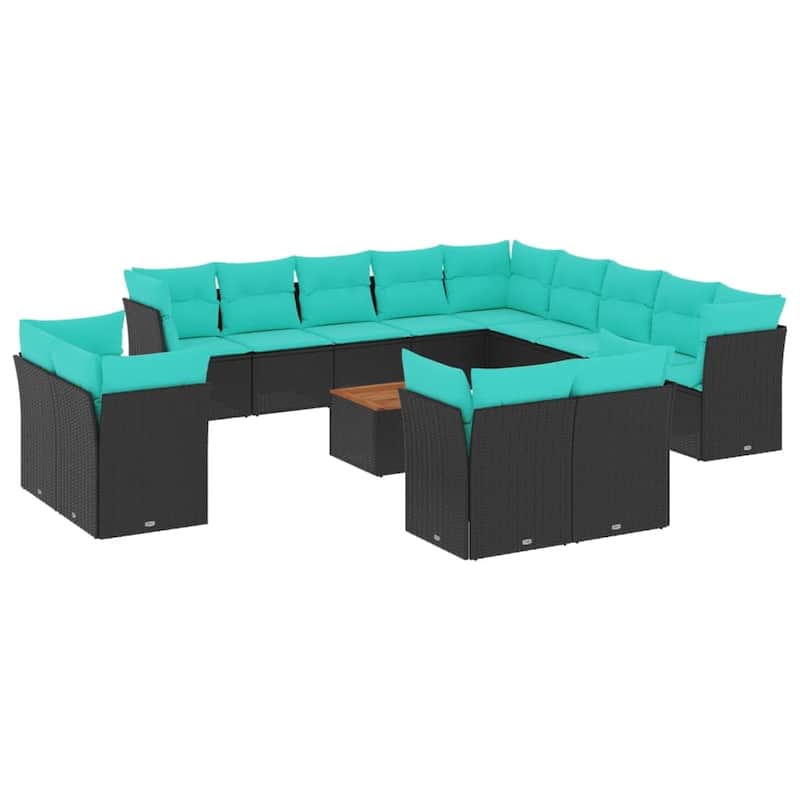 vidaXL 14 Piece Patio Sofa Set with Cushions Black Poly Rattan - 24.4 x 24.4 x 27.2