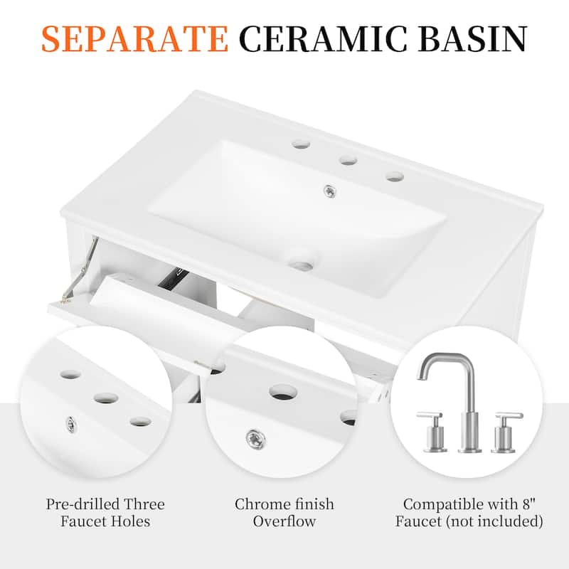 36-Inch Bathroom Vanity with Sink, MDF and Solid Wood Cabinet, 3 Drawers and Adjustable Shelf, Freestanding Design